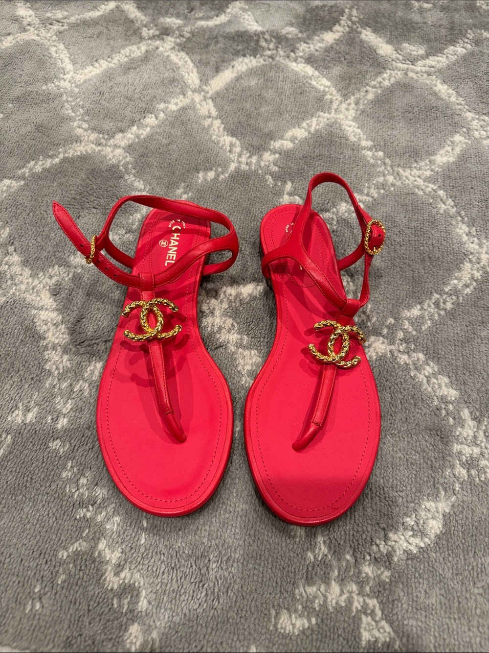 Authentic CHANEL Gold-Logo Red T-Strap Sandals